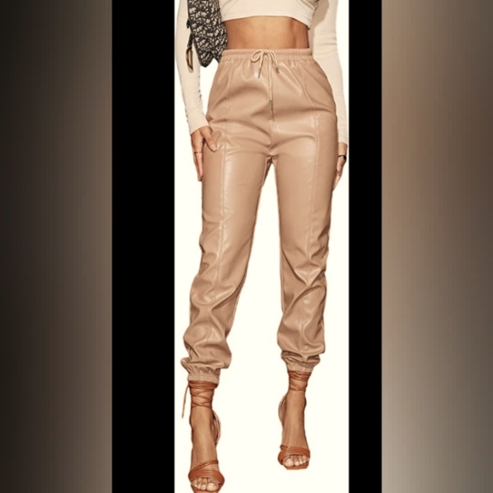 Floerns Cream faux leather joggers